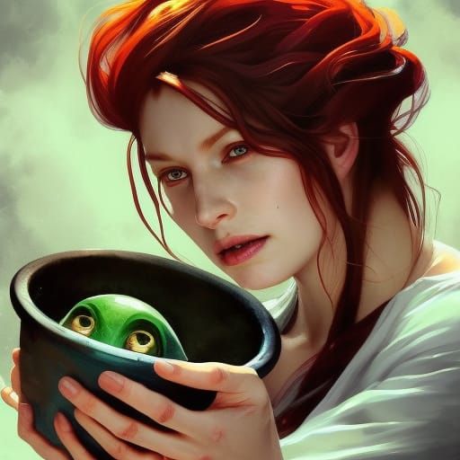Red-Haired Witch Stirring Cauldron: Hyperdetailed Portrait