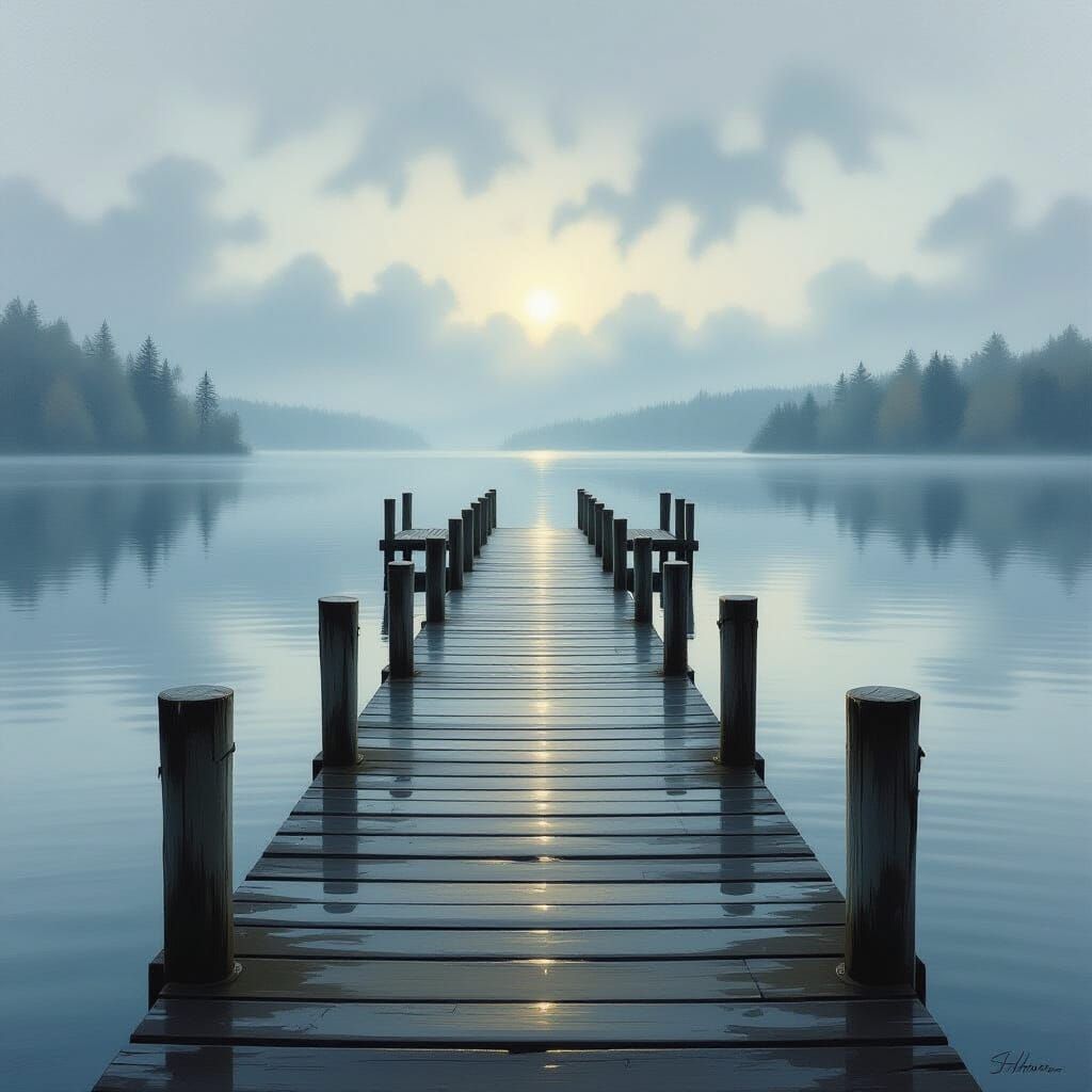 Weathered Wooden Pier in Tranquil Lake Matte Painting