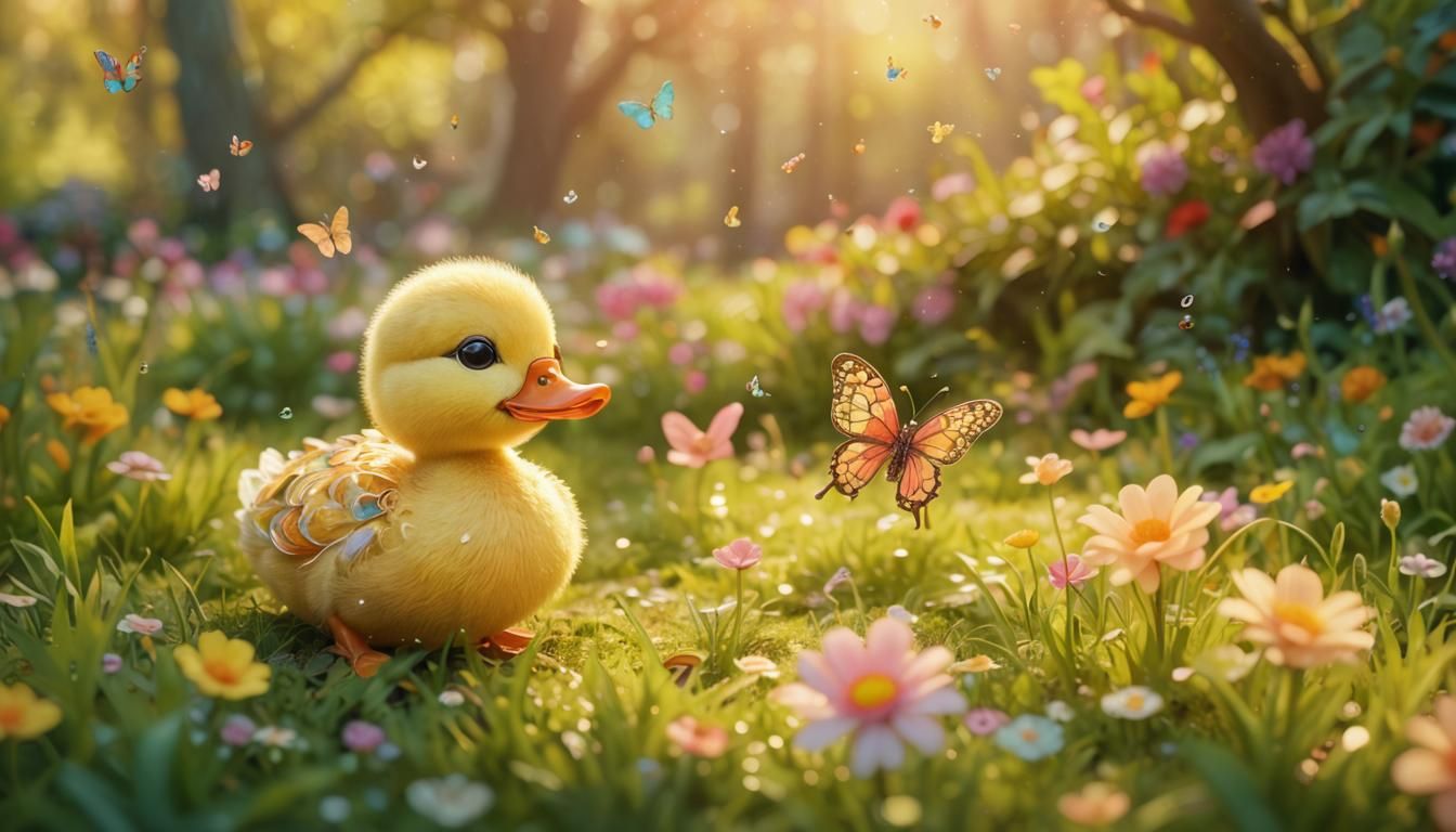 Cute Duck and Butterfly in Pixar Style Garden