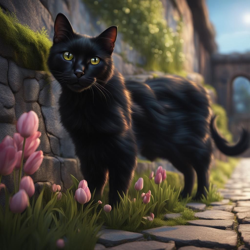 Black Cat and White Dog in Photo Realism