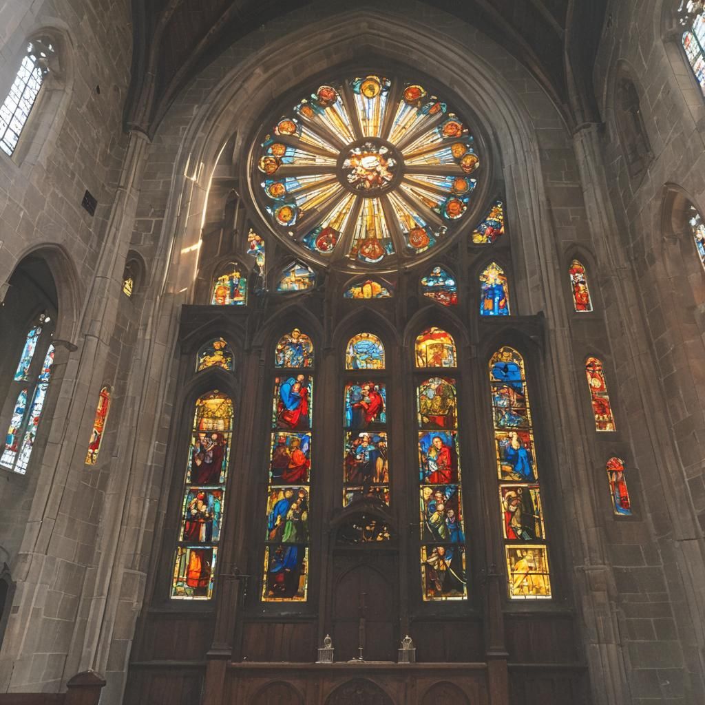 Sunlit Stained Glass Window in Church
