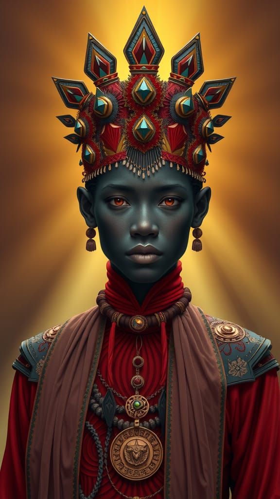 Serene Yoruba Warrior in Opulent Dark Red Attire, Basking in...