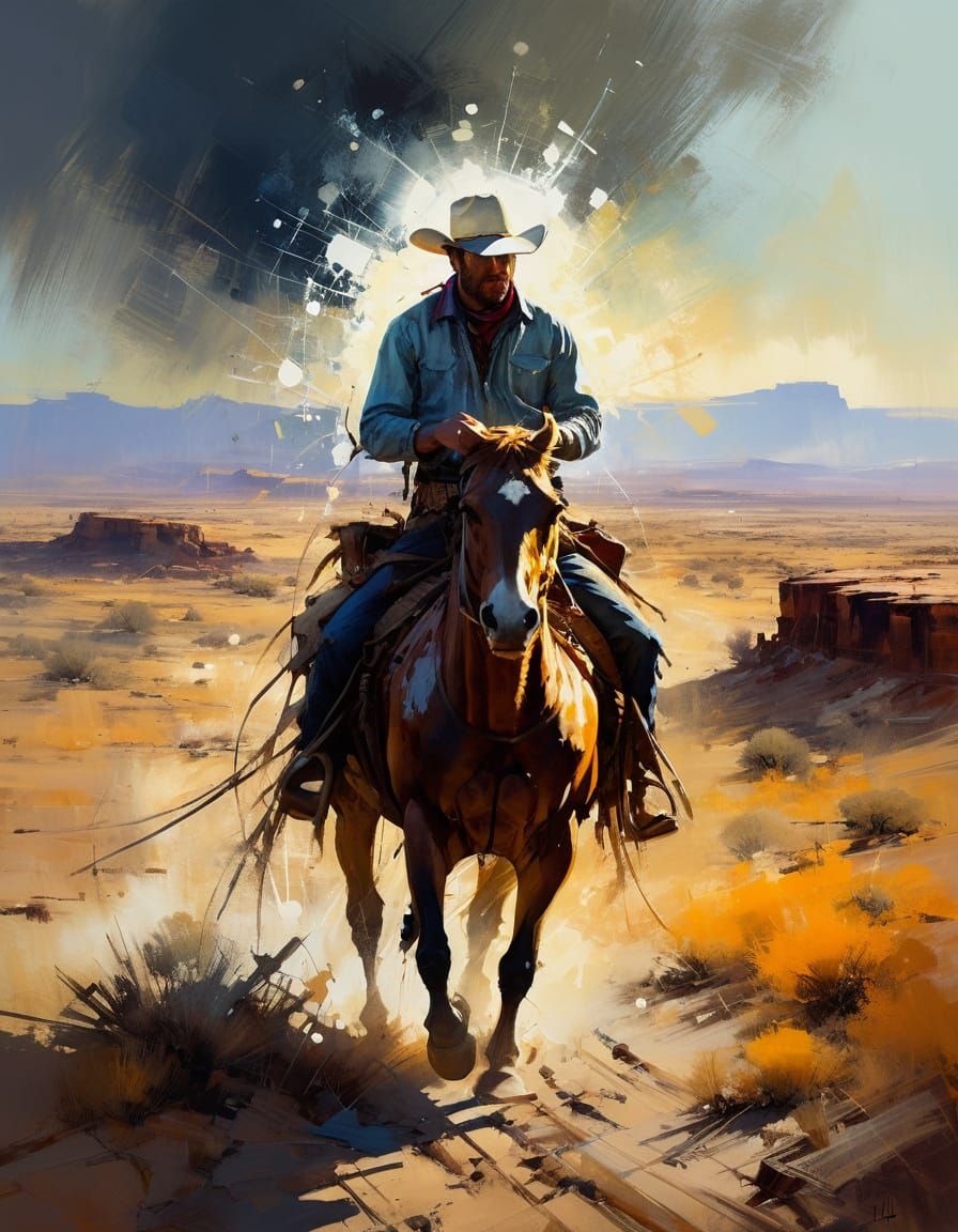 Lone Cowboy in Dusty Western Landscape, Abstract Oil Paintin...
