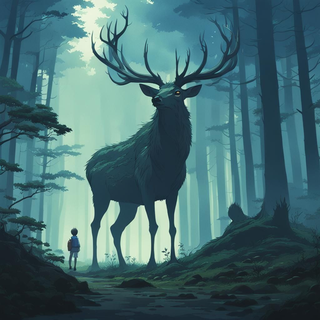 Giant Deer Monster in Misty Forest: Ghibli-esque Anime