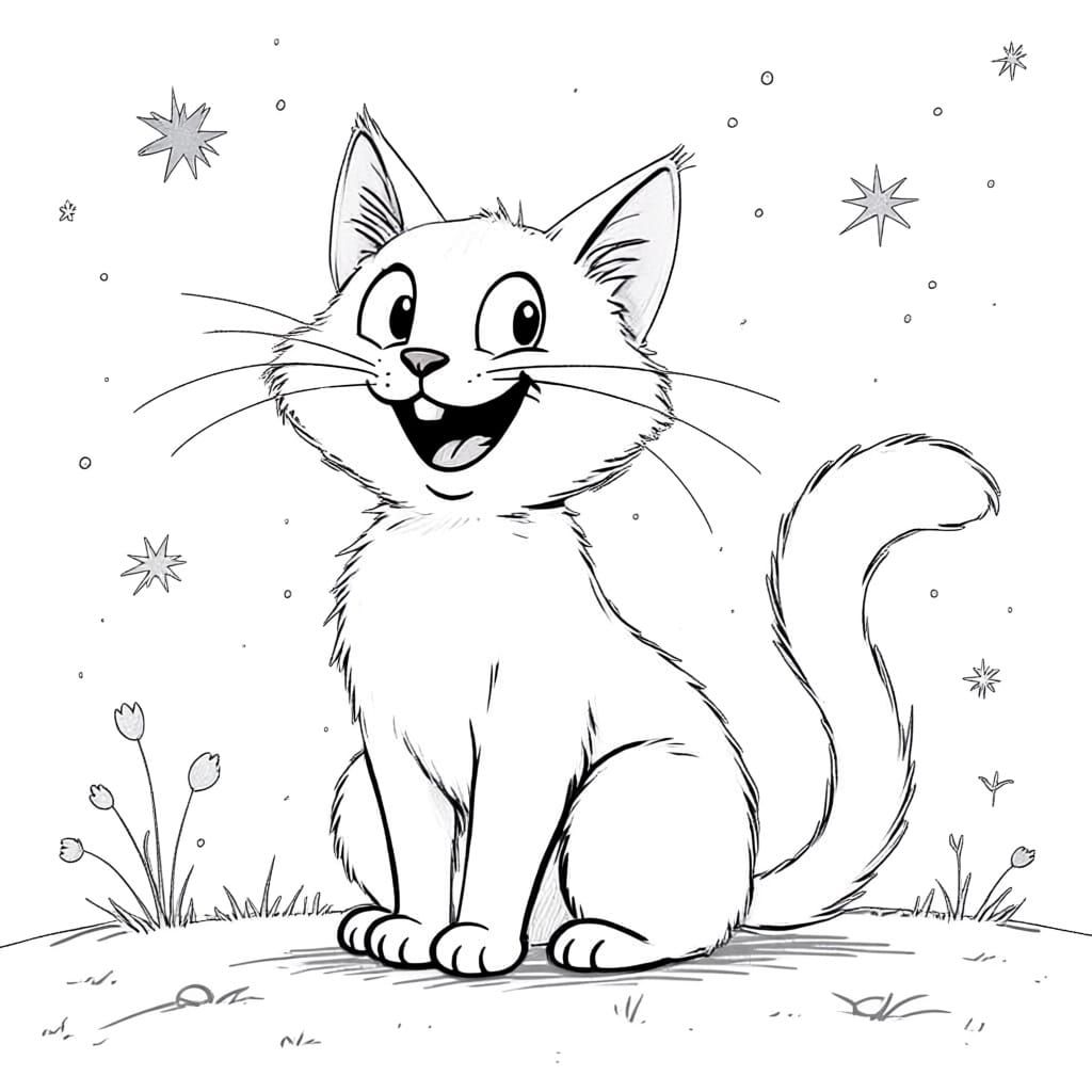 Cute Black and White Cat Coloring Page for Kids