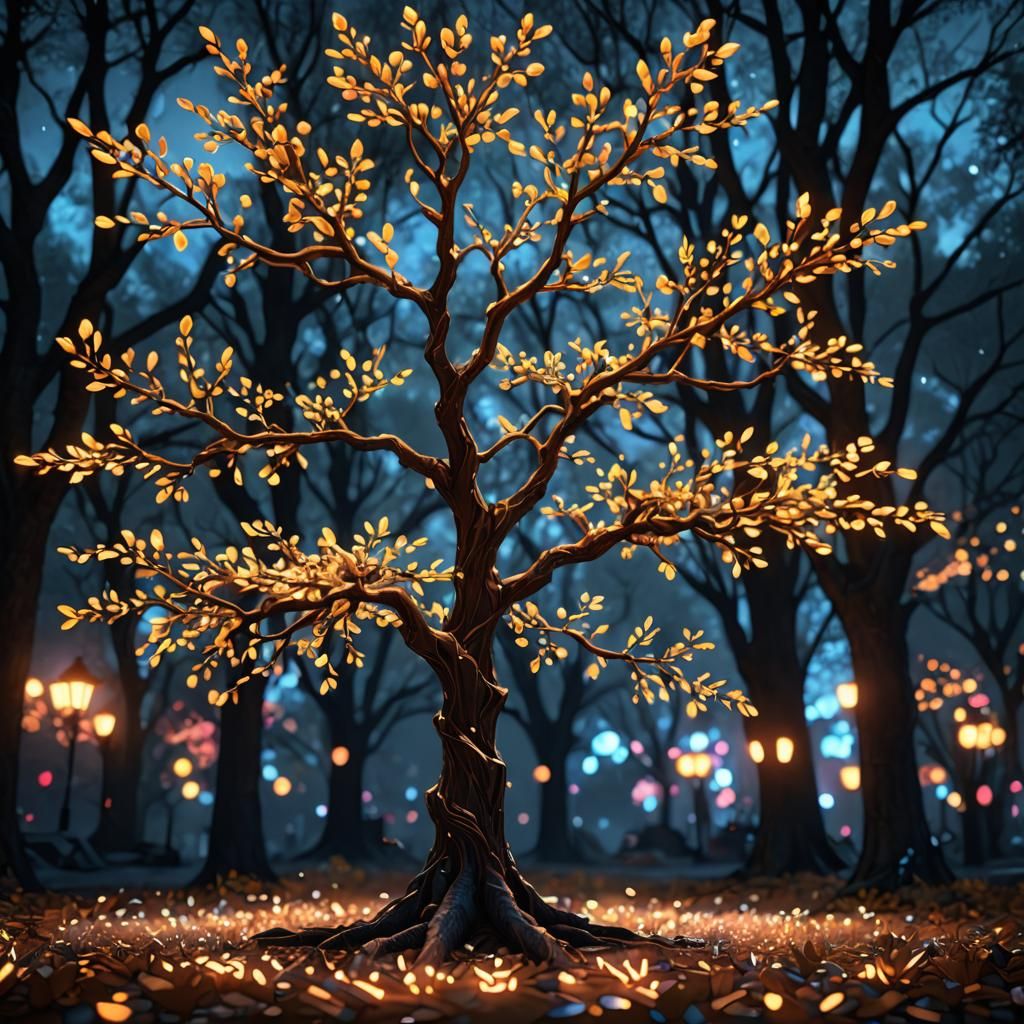 Mystical Crystal Tree in Golden Forest, CGI Realism