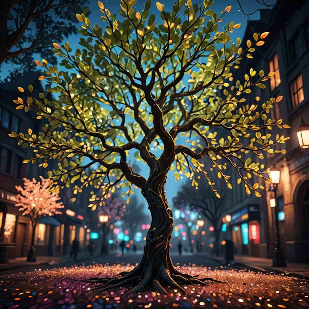 Mystical Crystal Tree in Neon Bokeh Photography