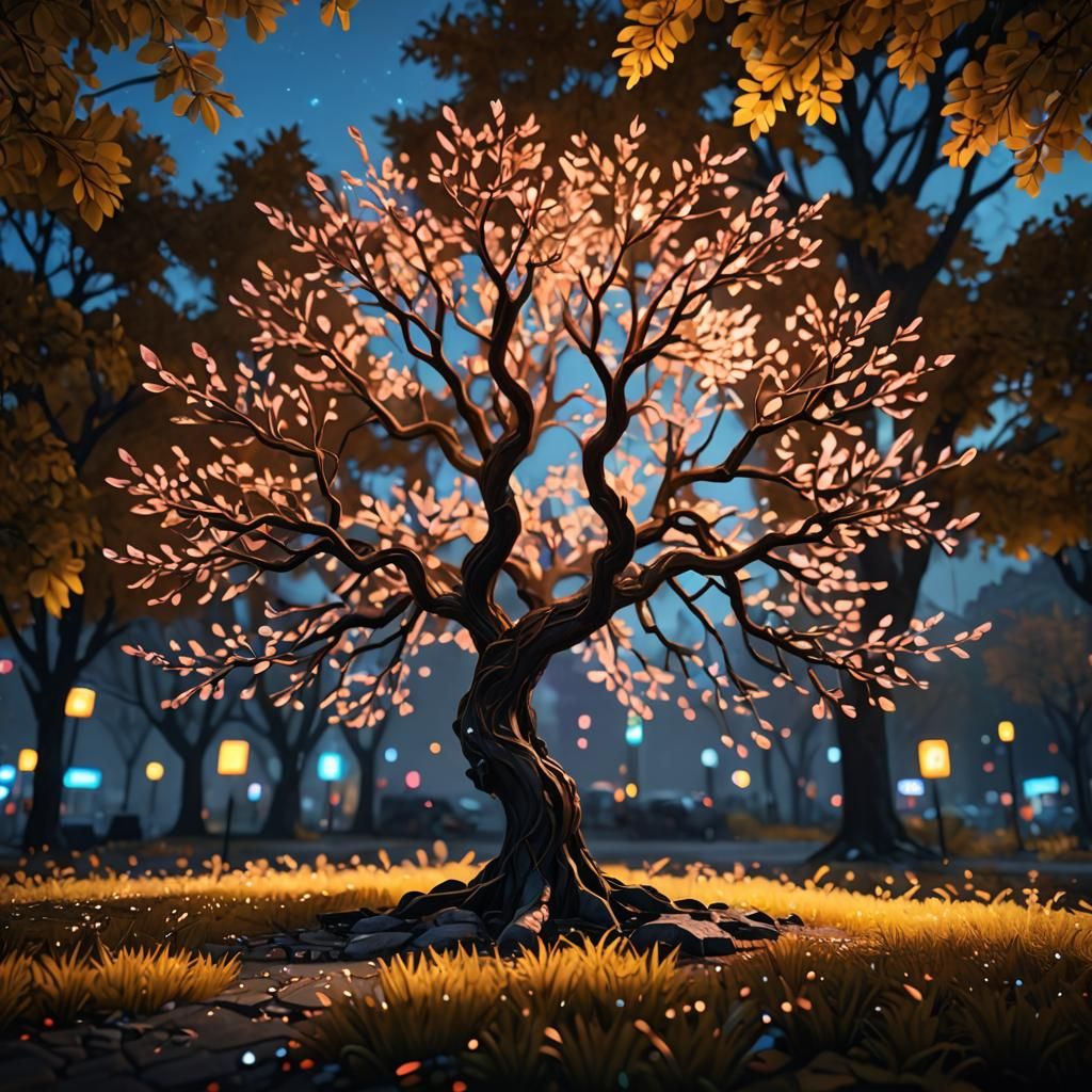 Mystical Crystal Tree in Neon Bokeh Photography