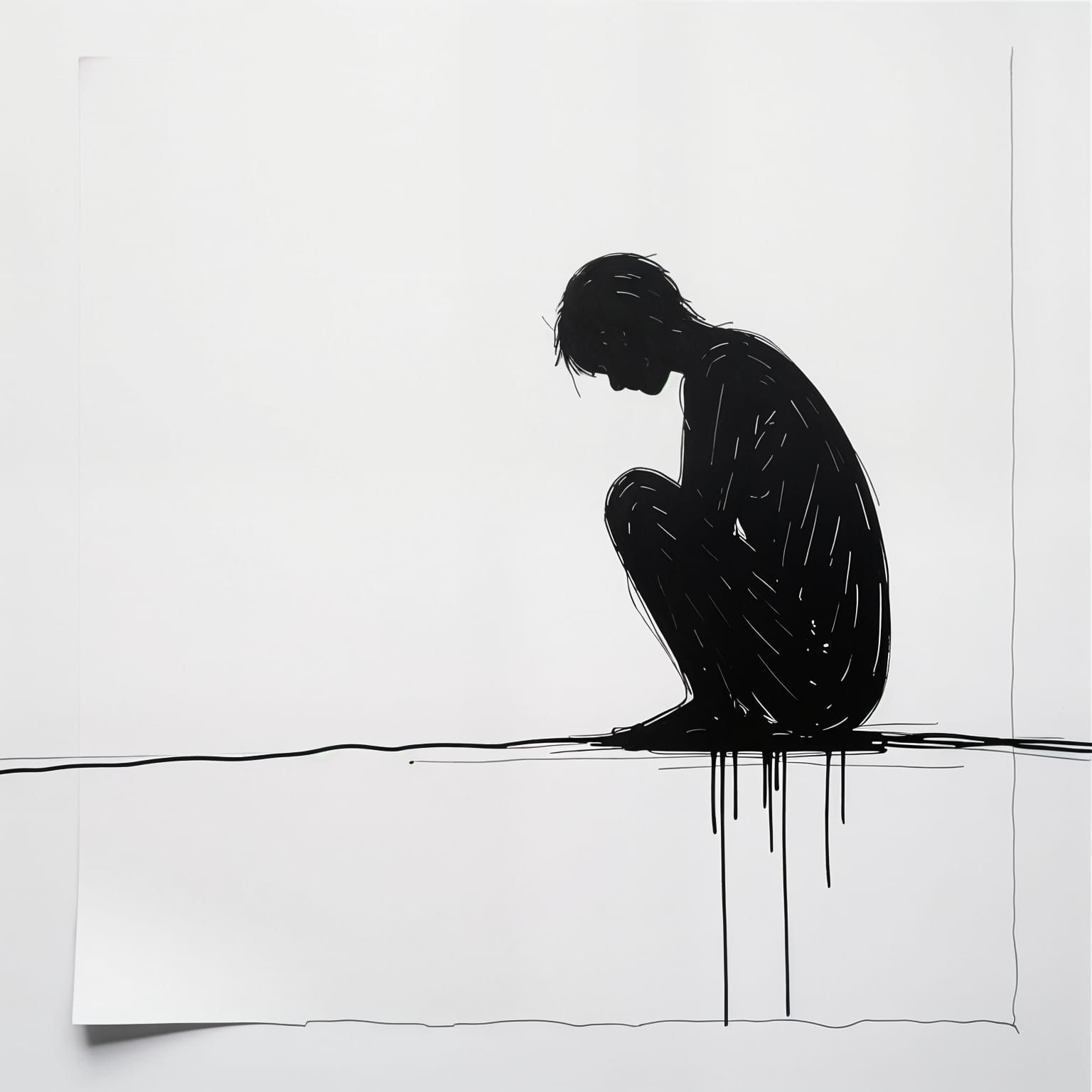 Minimalist Solitary Figure Drawn in Single Black Line