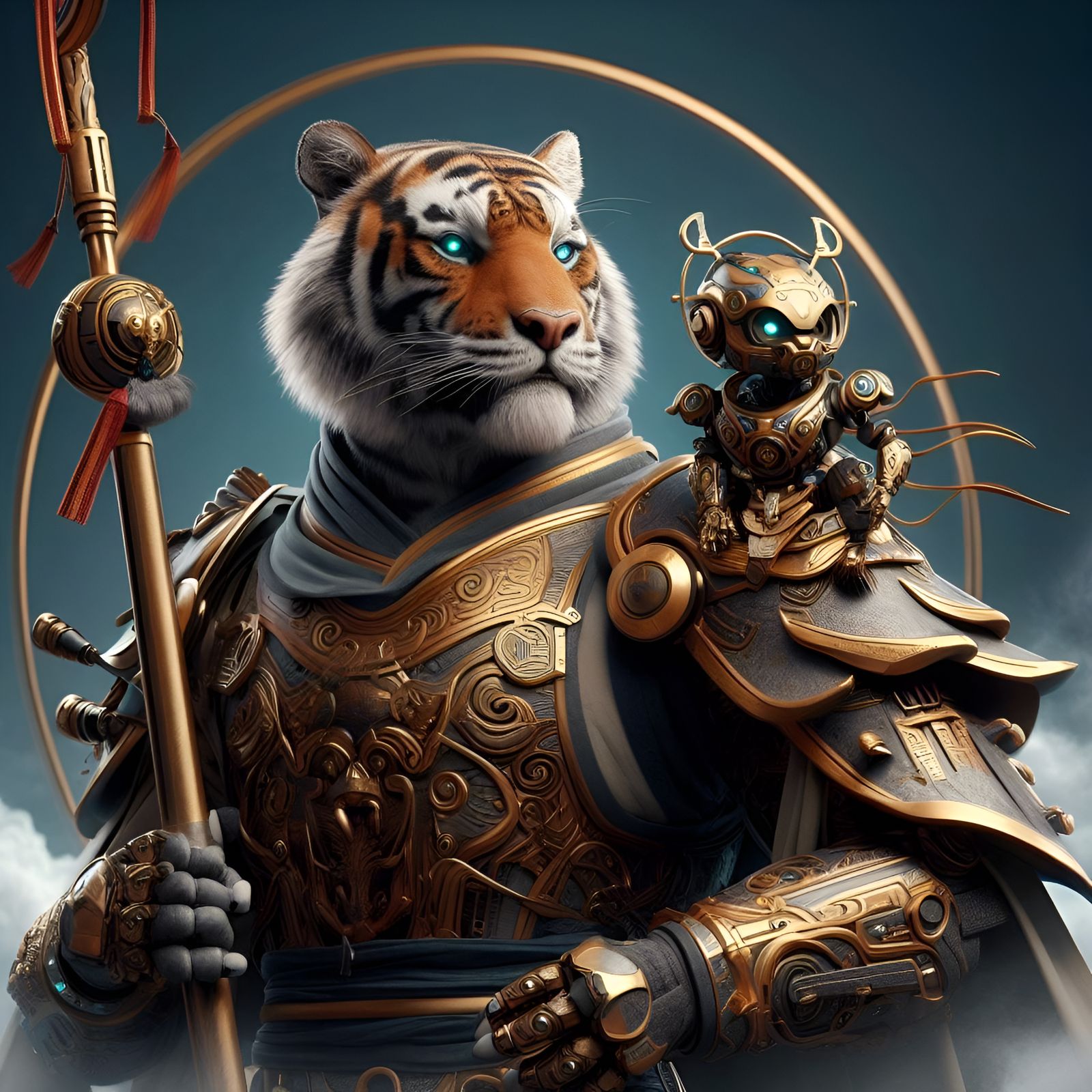 Tiger Humanoid in Chinese Armor with Robotic Companion