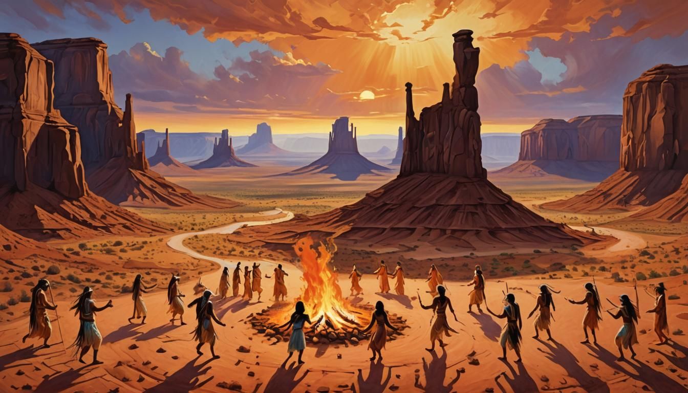 Native American Dance in Surrealist Desert Landscape