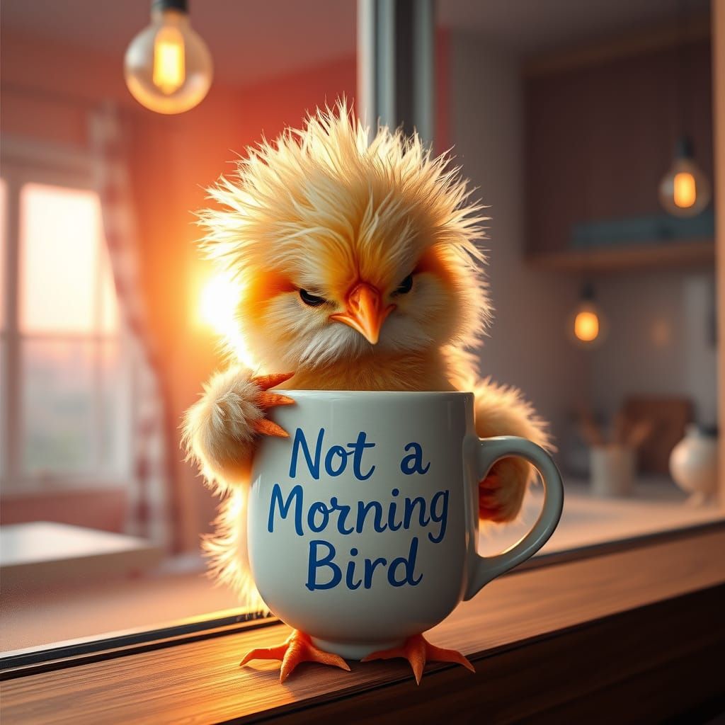 Humorous Chick with Bedhead Enjoying Morning Coffee