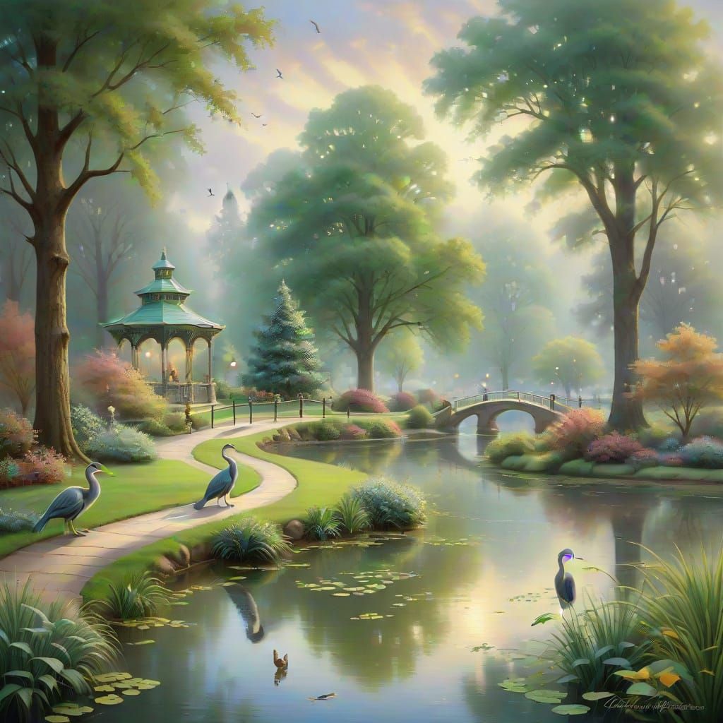 Peaceful City Park Morning with Squirrels and Heron