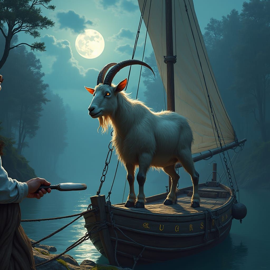 Billy Goat Tying Rope on Mystical Sailboat