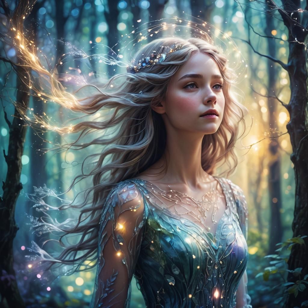Luminous Girl in Mythical Forest: Fantasy Illustration