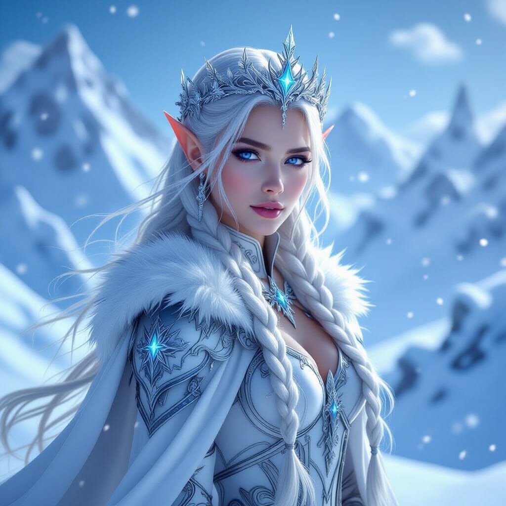 Hyperrealistic Ice Elf Queen in Blizzard