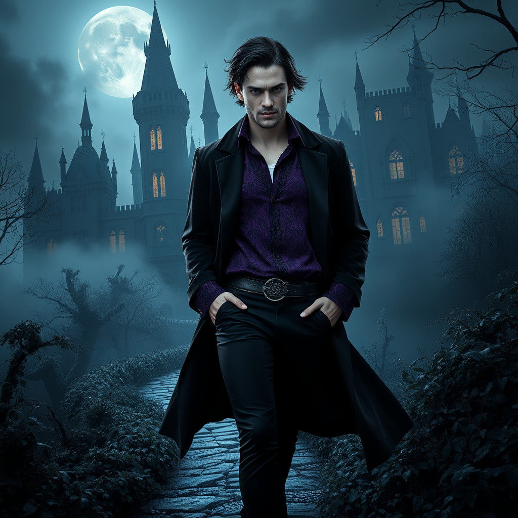 Brooding Vampire Strolls to Castle in Matte Painting Style