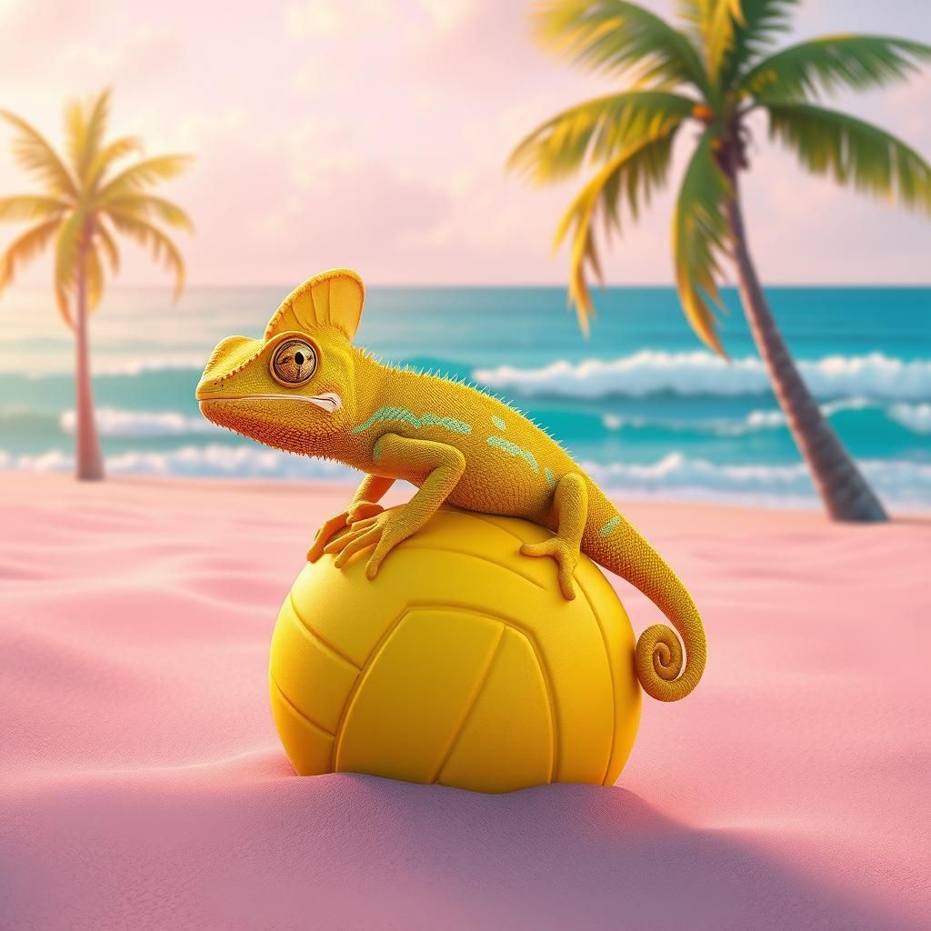 Yellow Chameleon on Beach Volleyball, Pixar Style
