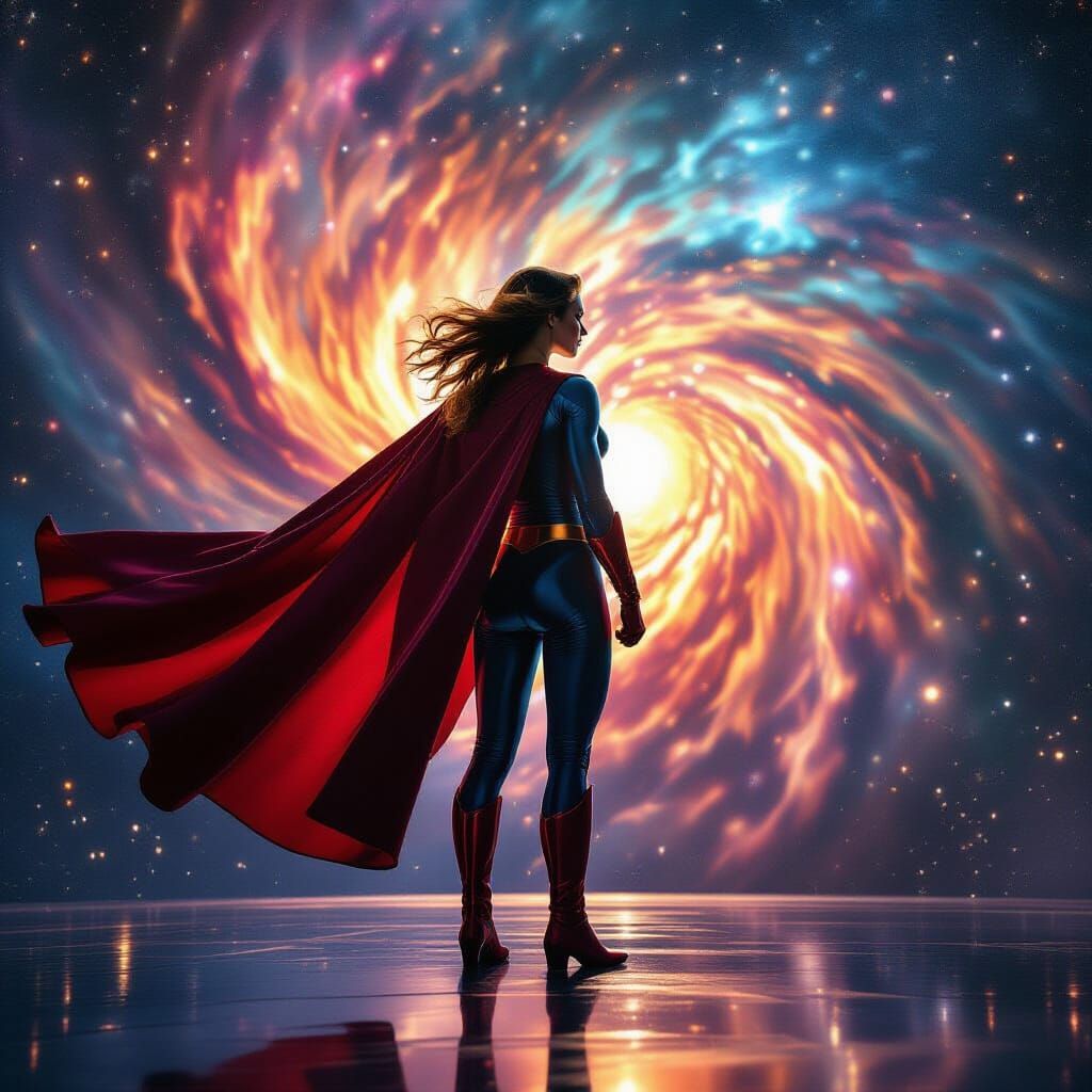 Superhero Silhouetted Against Cosmic Galaxy