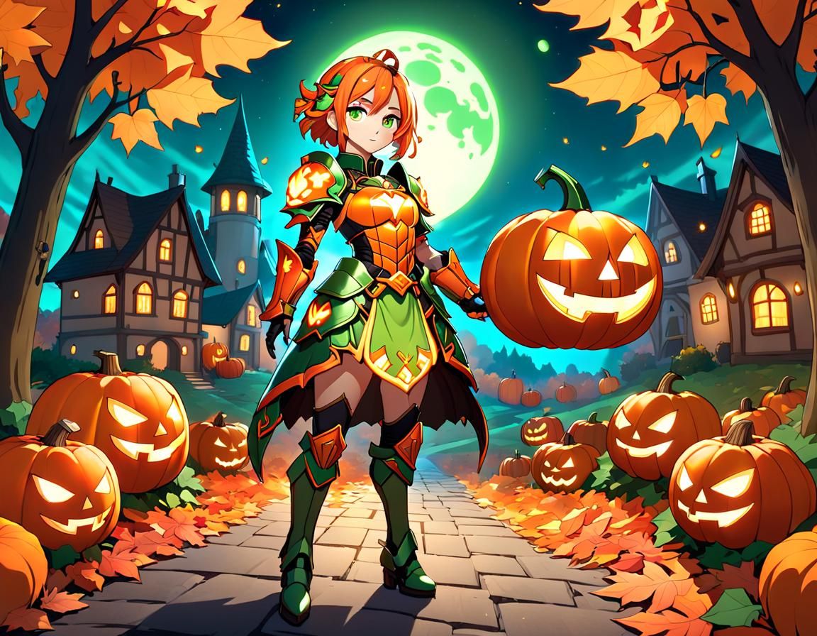 Pumpkin Armor Girl in Autumn Night Fantasy Art