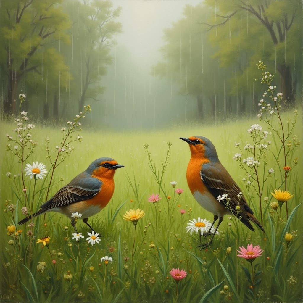 Serene Rainy Meadow in Whimsical Russian Realism Style
