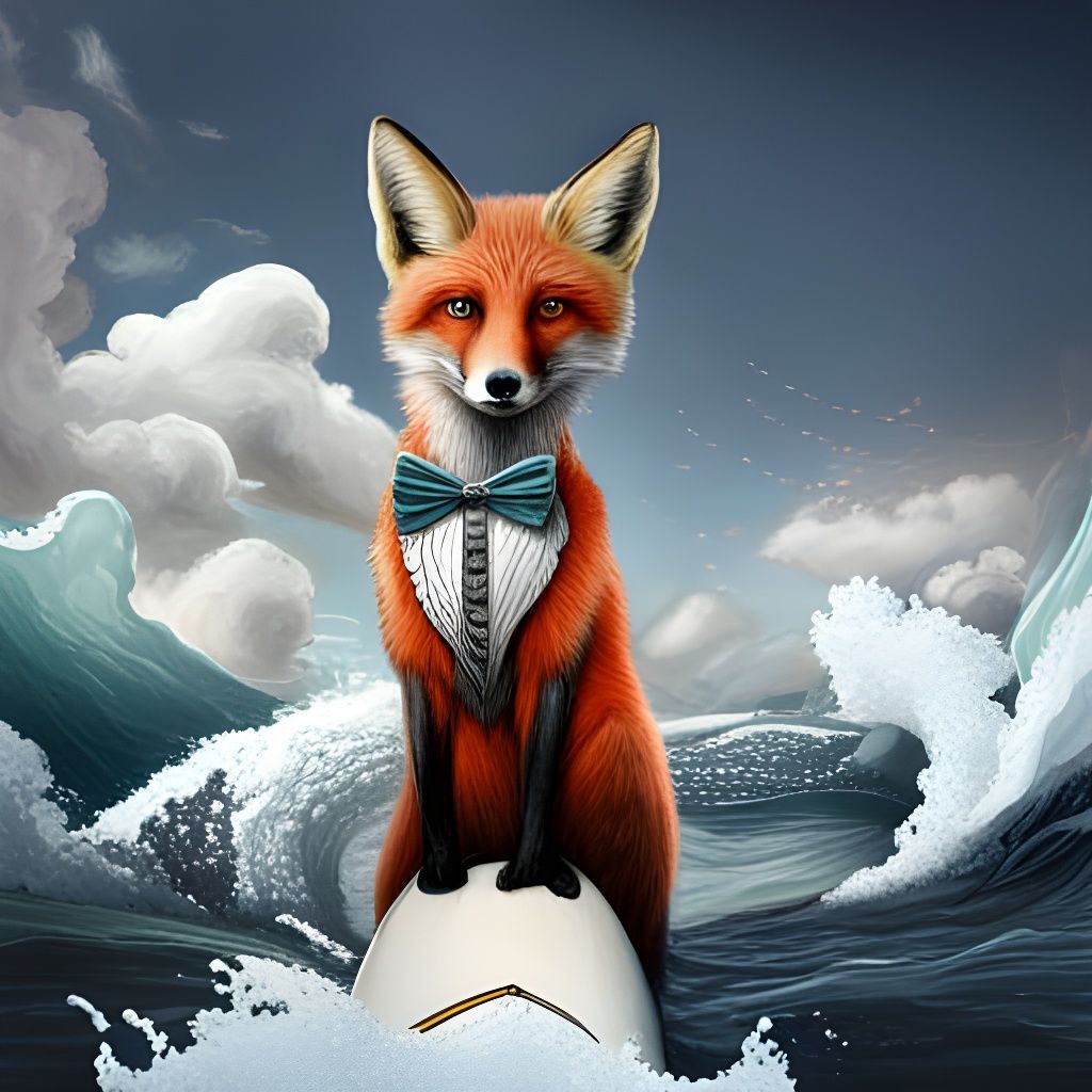 Fox in Bow Tie Surfing: Coloring Page Style