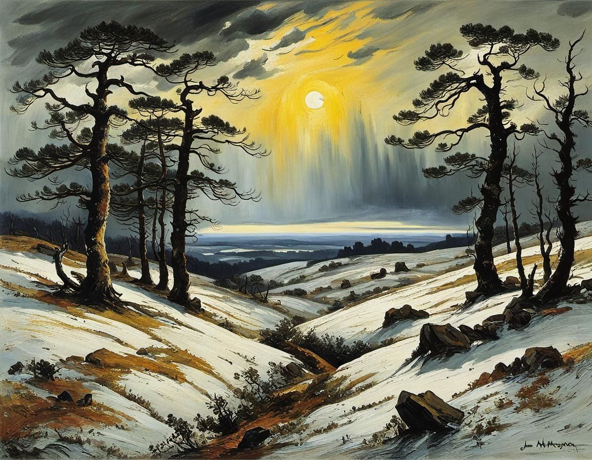 Moorland Pines and Birches Before a Storm