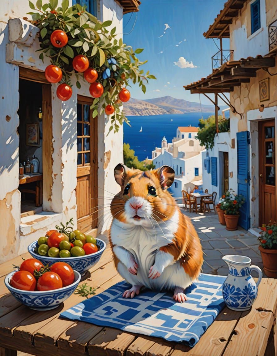 Charming Hamster in Greek Island Summer Scene