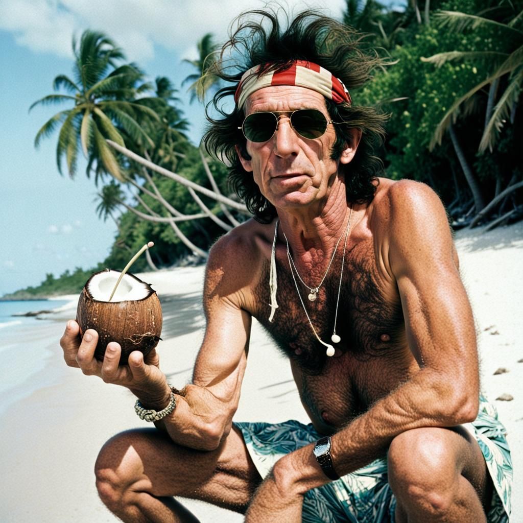 Keith Richards Enjoying a Coconut on the Beach