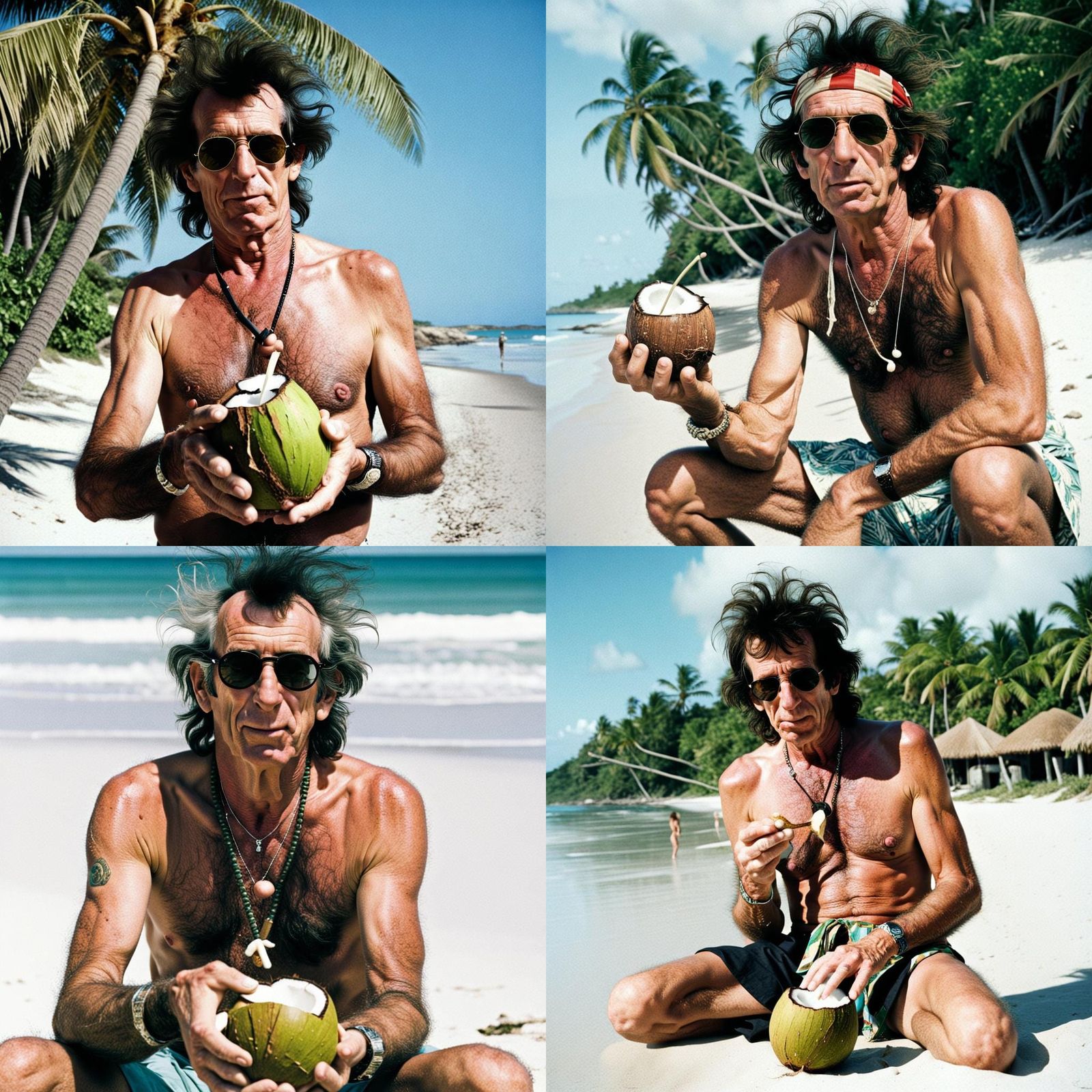 Keith Richards Enjoying a Coconut on the Beach