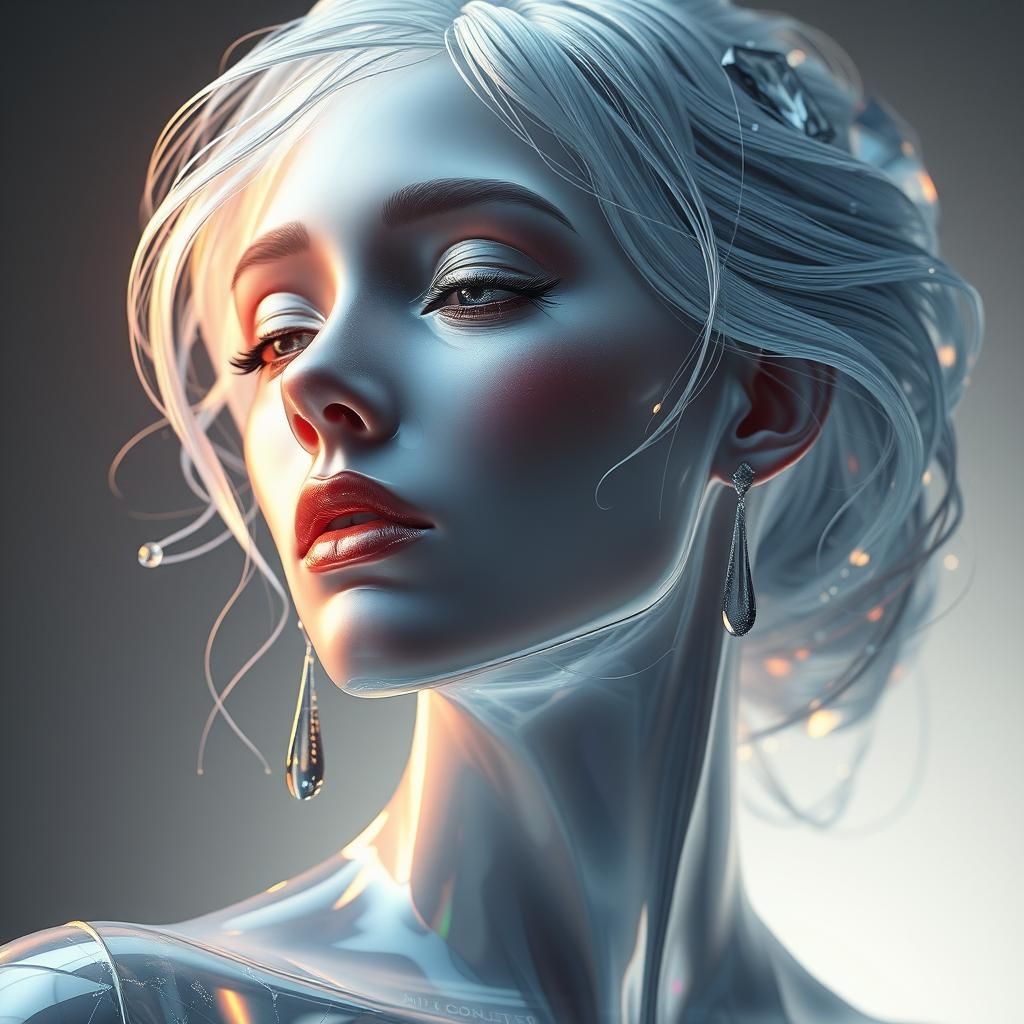 Crystalline Glass Woman Portrait in Art Nouveau Style