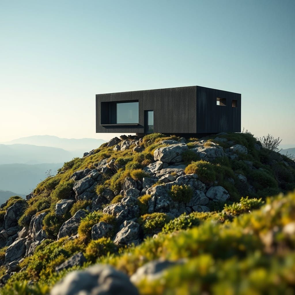Surreal Black Concrete House Reclaimed by Nature on Rocky Mo...