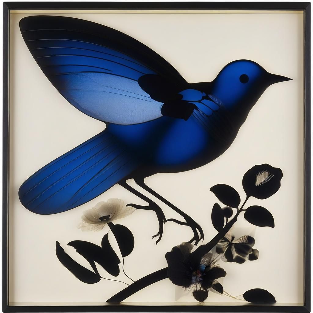 Blue Glass Bird Photogram with Flowers and Butterfly
