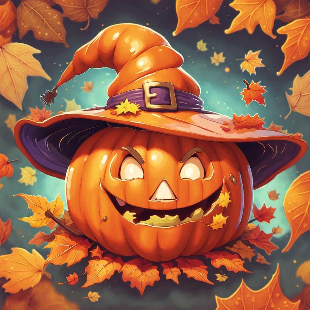 Chibi Pumpkin Witch in Autumn Leaves