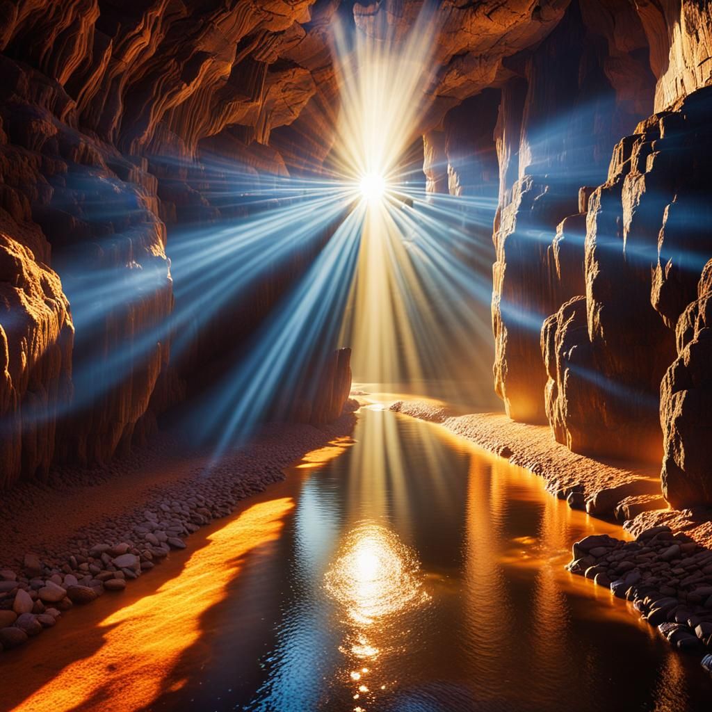 Sunlit River Flowing Through Cavern