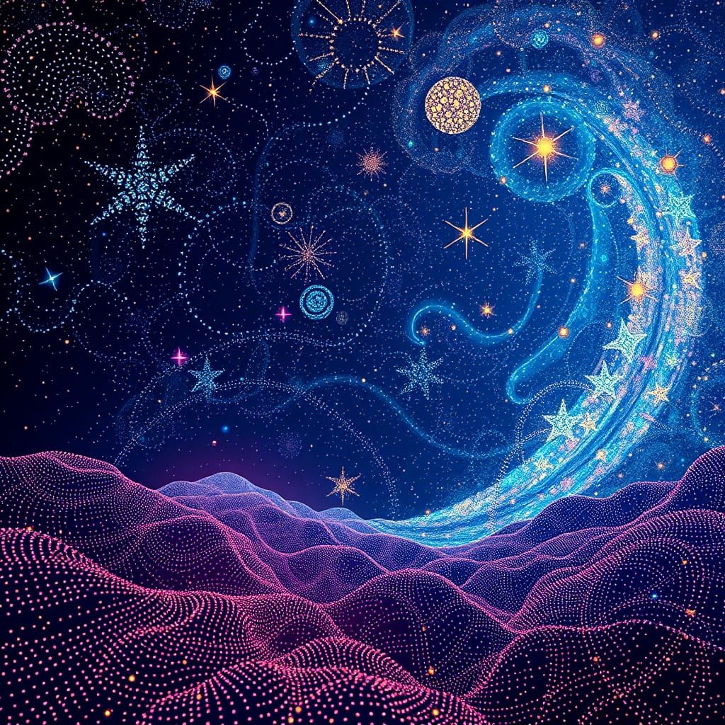 Starry Night Sky in Vibrant Pointillist Style