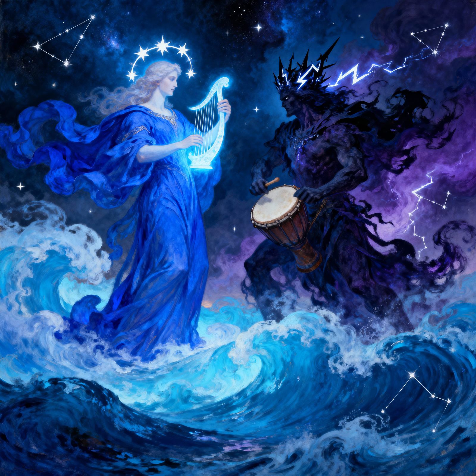 Cosmic Gods Clash in Surreal Sapphire Dreamscape