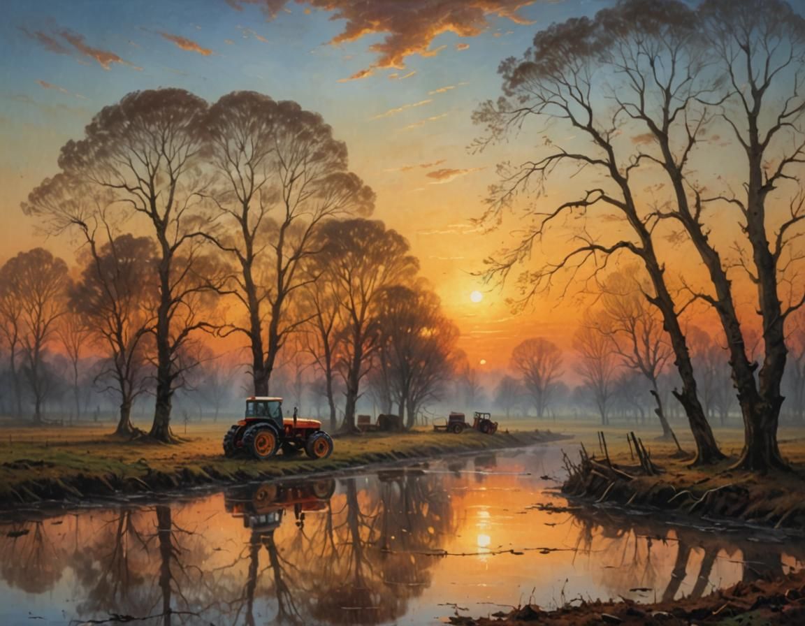 Sunset Rural Landscape: Turner-Inspired Romantic Painting