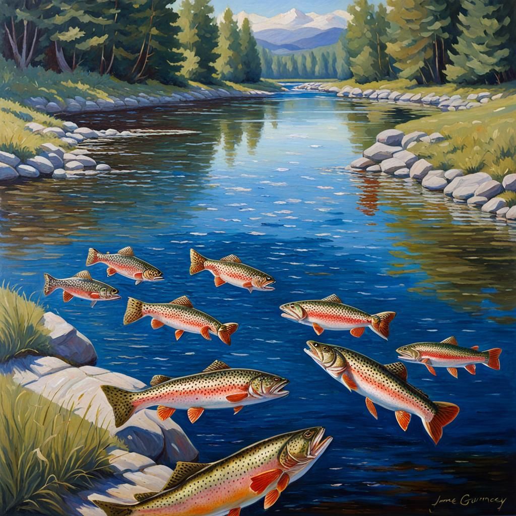 Trout Swimming in River: Oil Painting