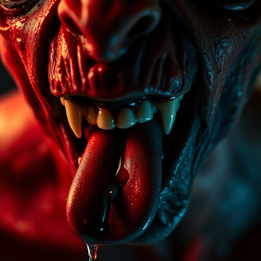 Creepy Demon Creature Licking Face with Black Tongue