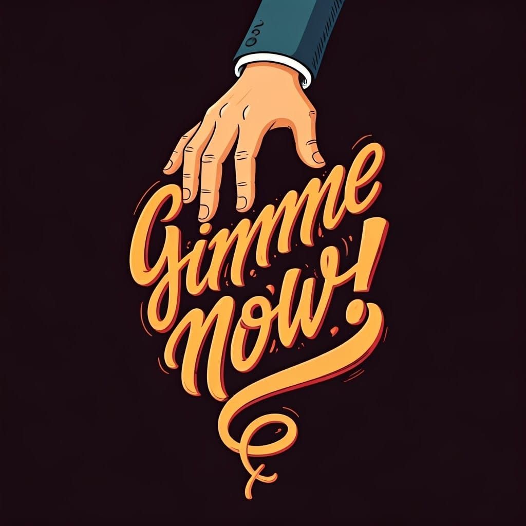 Stylized Hand Grabbing 'Gimme Now!' in Whimsical Style