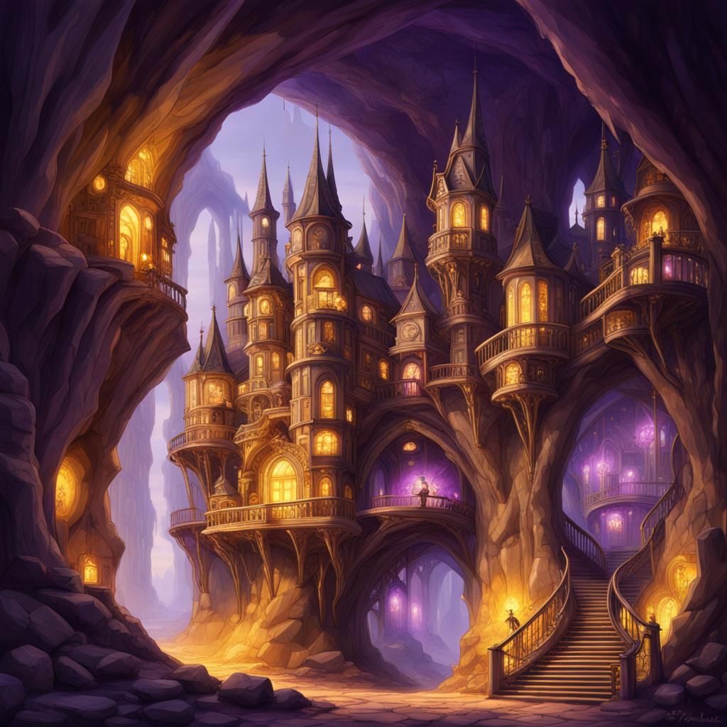 Steampunk City Inside Amethyst Crystal Cave