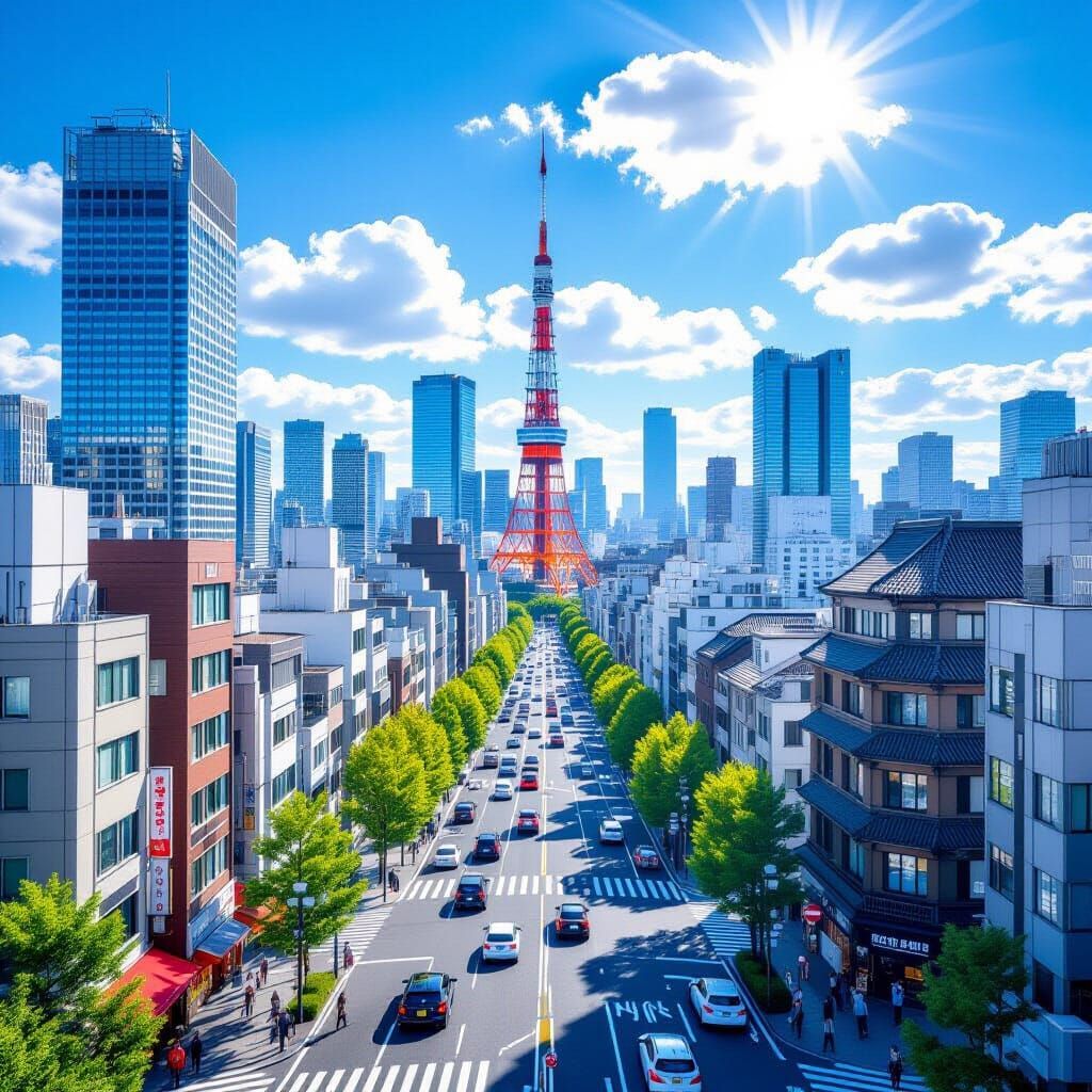 A bright, clear daytime view of Tokyo city, sunlight illuminating modern skyscrapers and traditional low-rise buildings,...