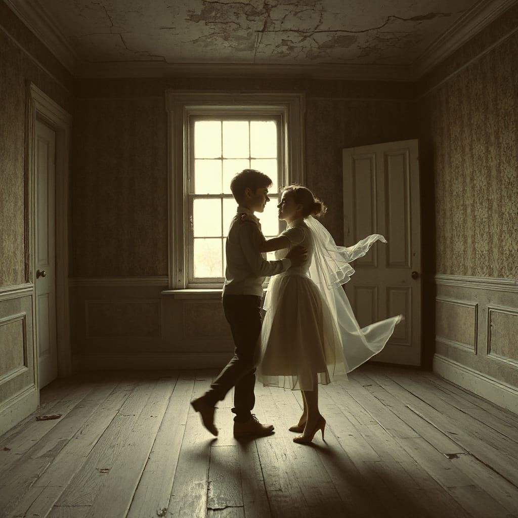 Ghostly Couple Dancing in Decayed Room