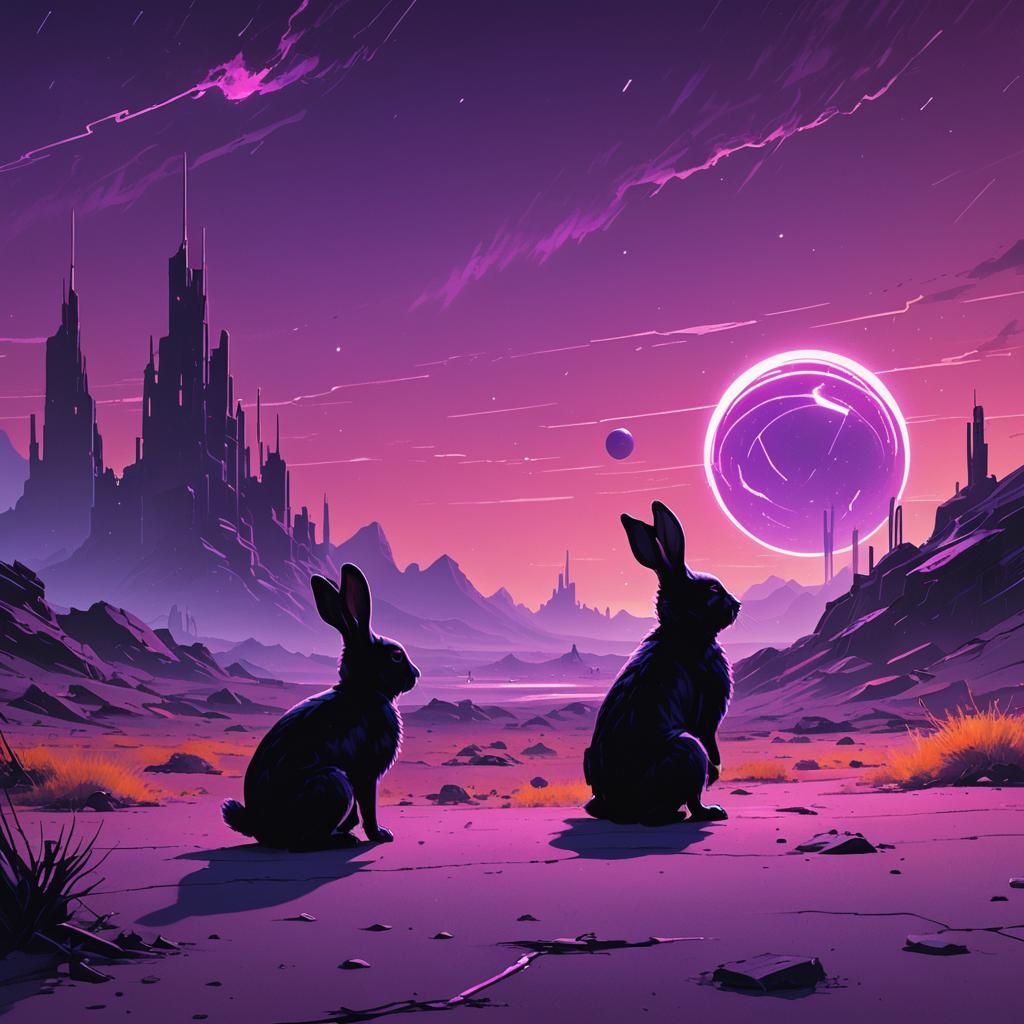 Cyberpunk Bunny Gazing at Glowing Orb in Wasteland
