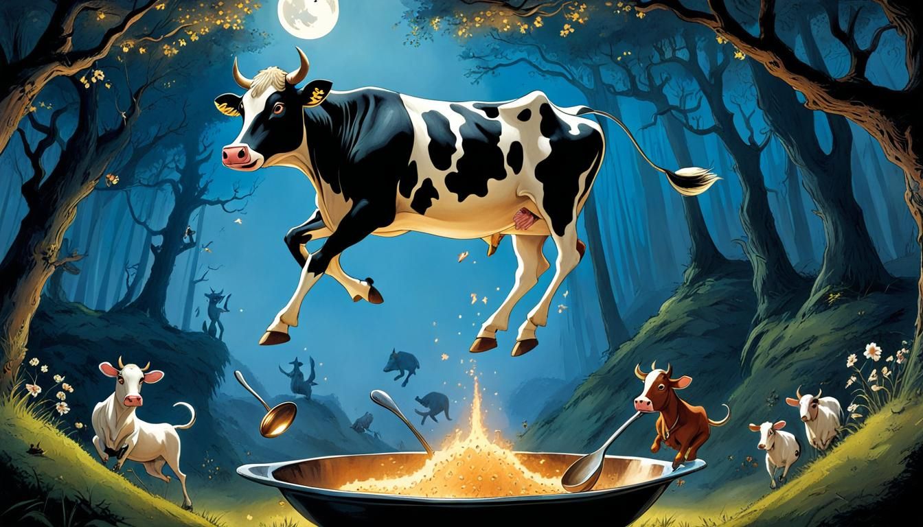 Cow Jumps Over Spoon: Whimsical Fantasy Art