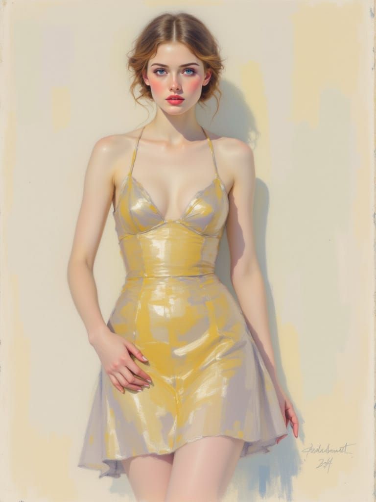 2030s Pin-Up Woman in Metallic Gold Sundress