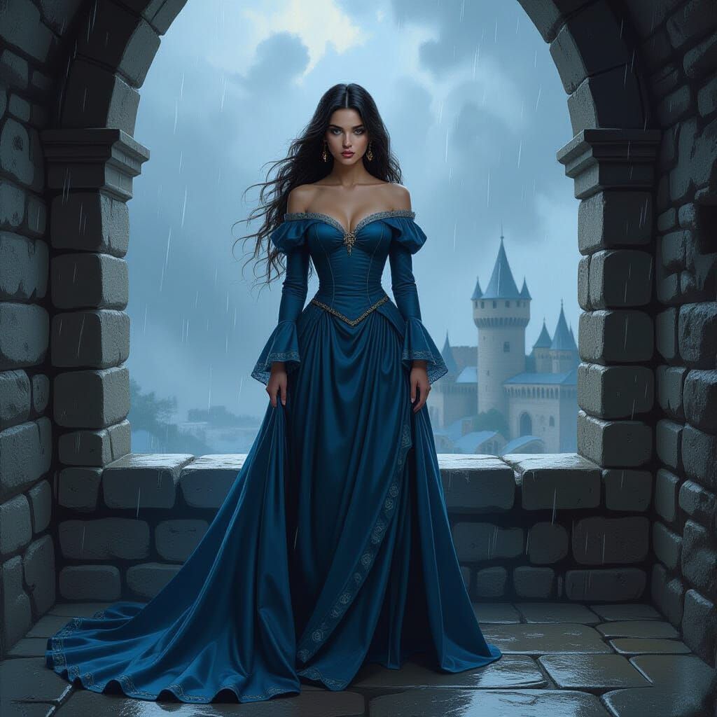 Princess in Medieval Dress Amidst Stormy Castle Turret