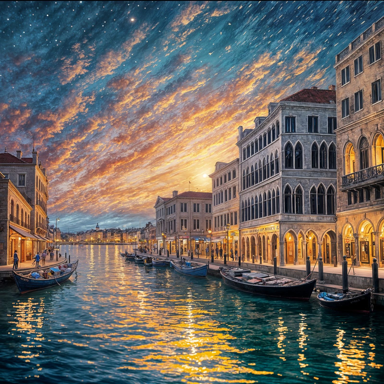 Venice Harbor Sunset: Vivid Oil Painting