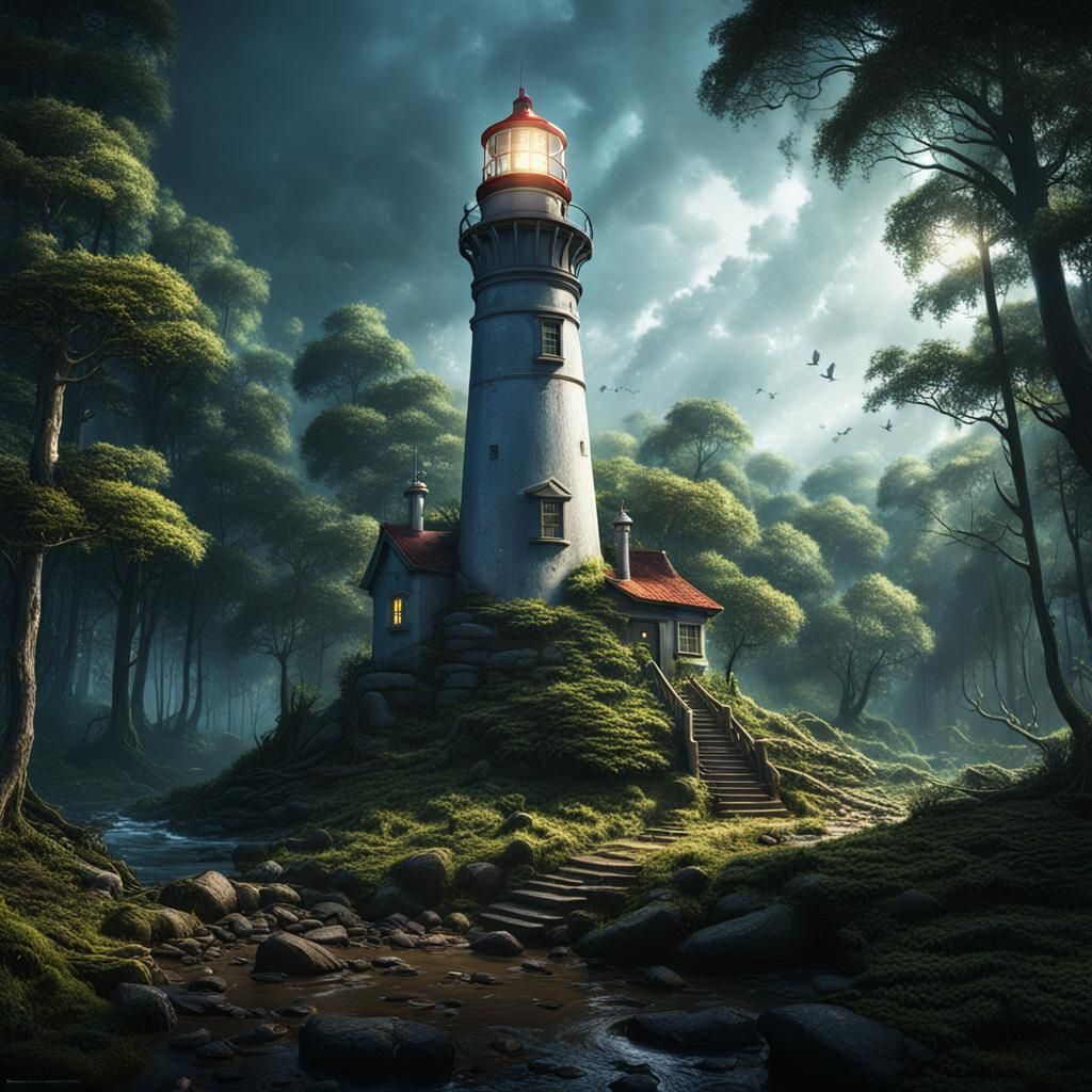 Lighthouse Illuminates Woods: Detailed Matte Painting
